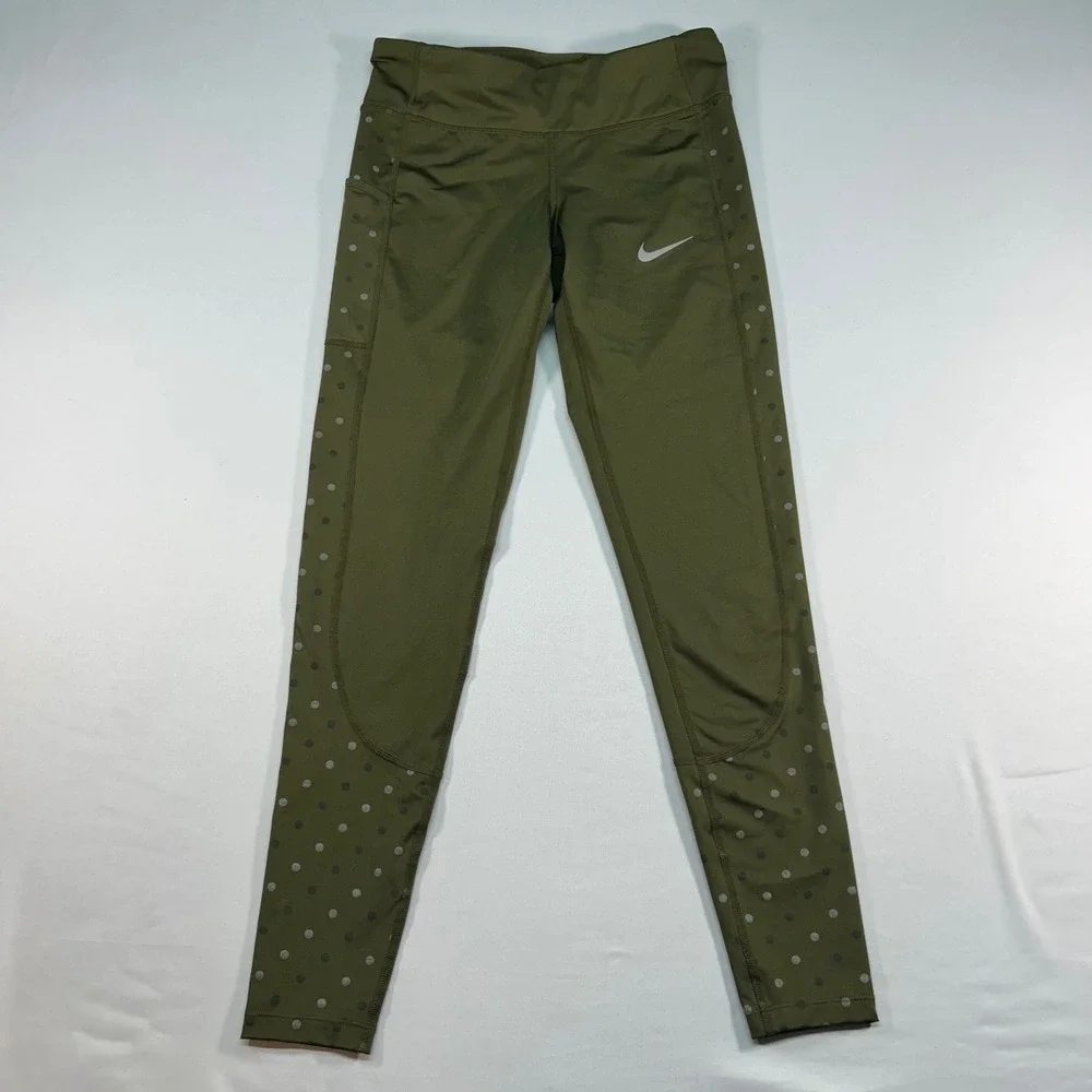 Nike Dri-FIT Women Olive Green Polka Dot Side Panel Running Leggings‎ Small